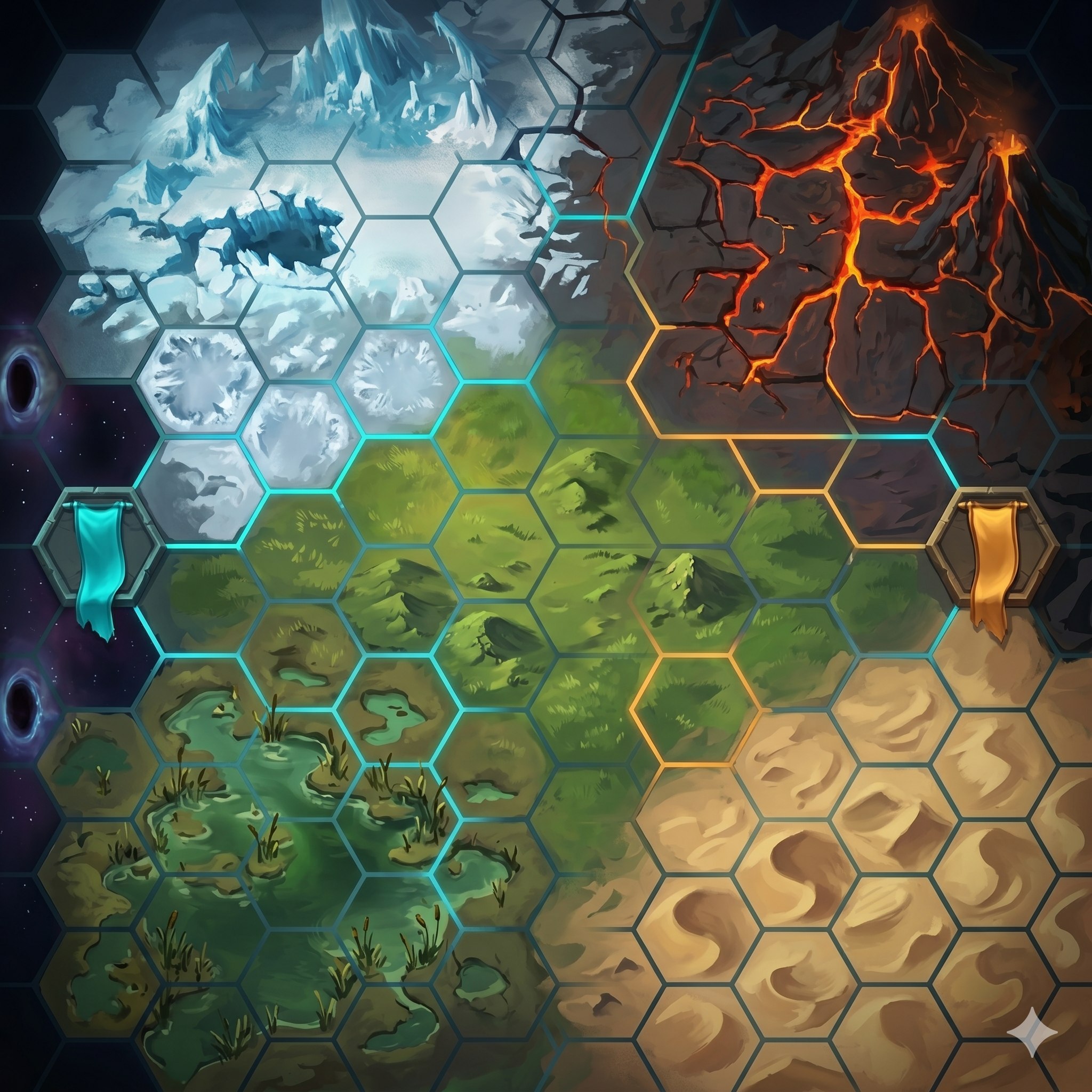 Sample AxonRush map showing tile biomes — snow, volcanic, grassland, swamp, desert, and void regions on a hex grid